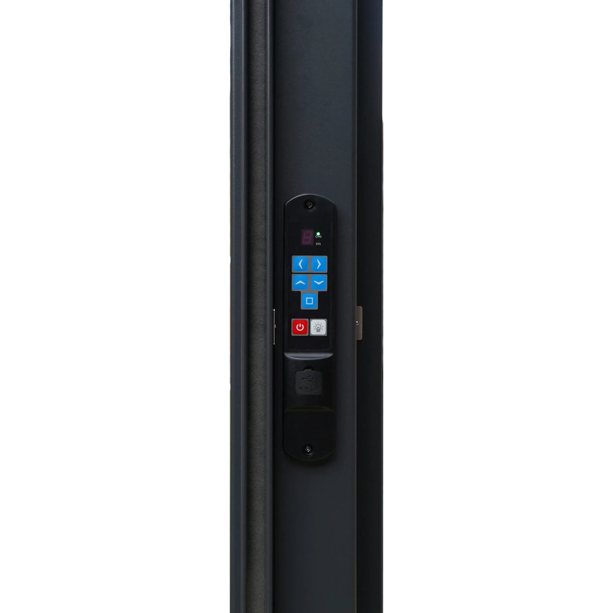 Control panel for the aluminium pergola features LED light controls, adjustable anthracite blinds, and sleek design elements