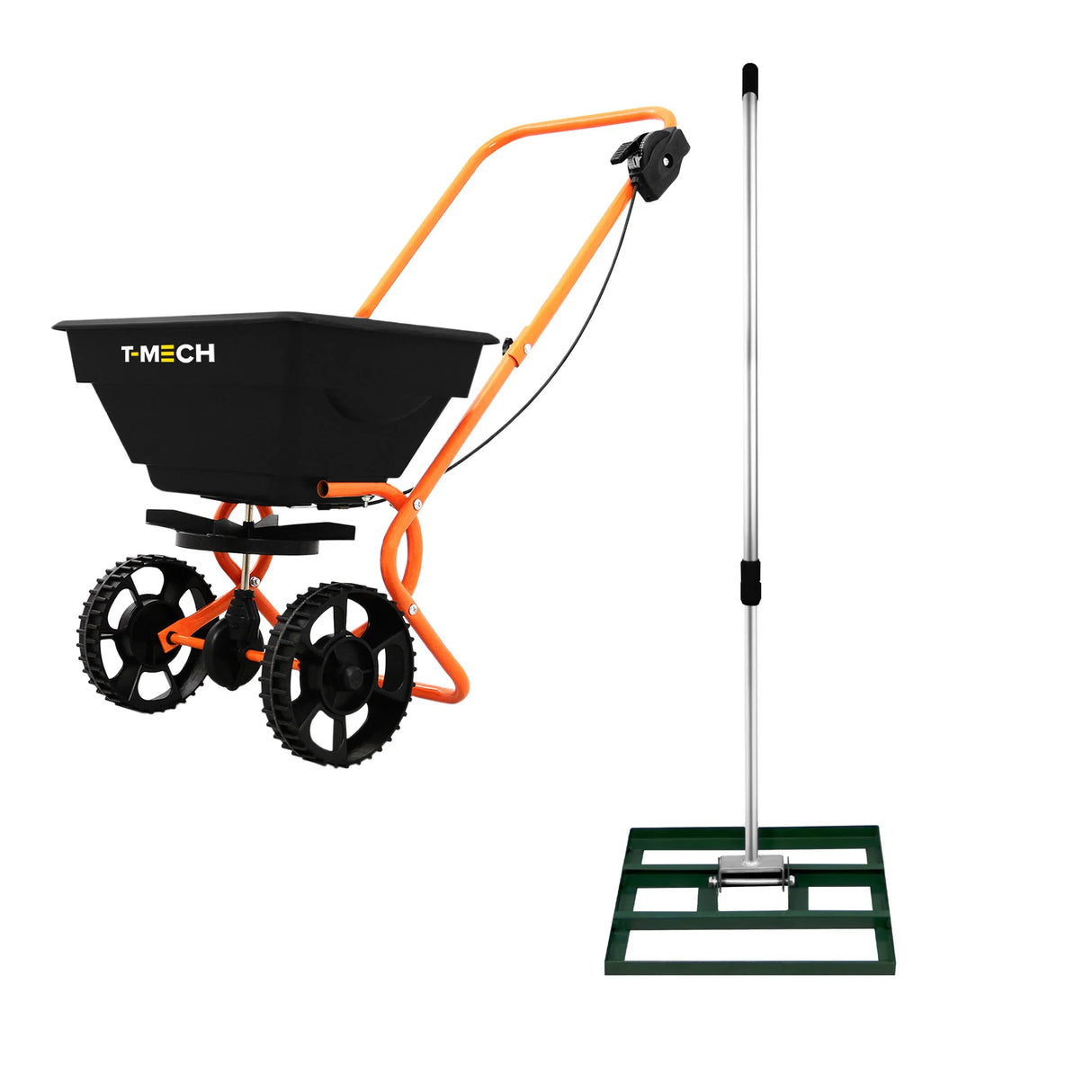 Rotary spreader with a black hopper and orange frame, paired with a 50cm green lawn leveller, ideal for lawn care and maintenance