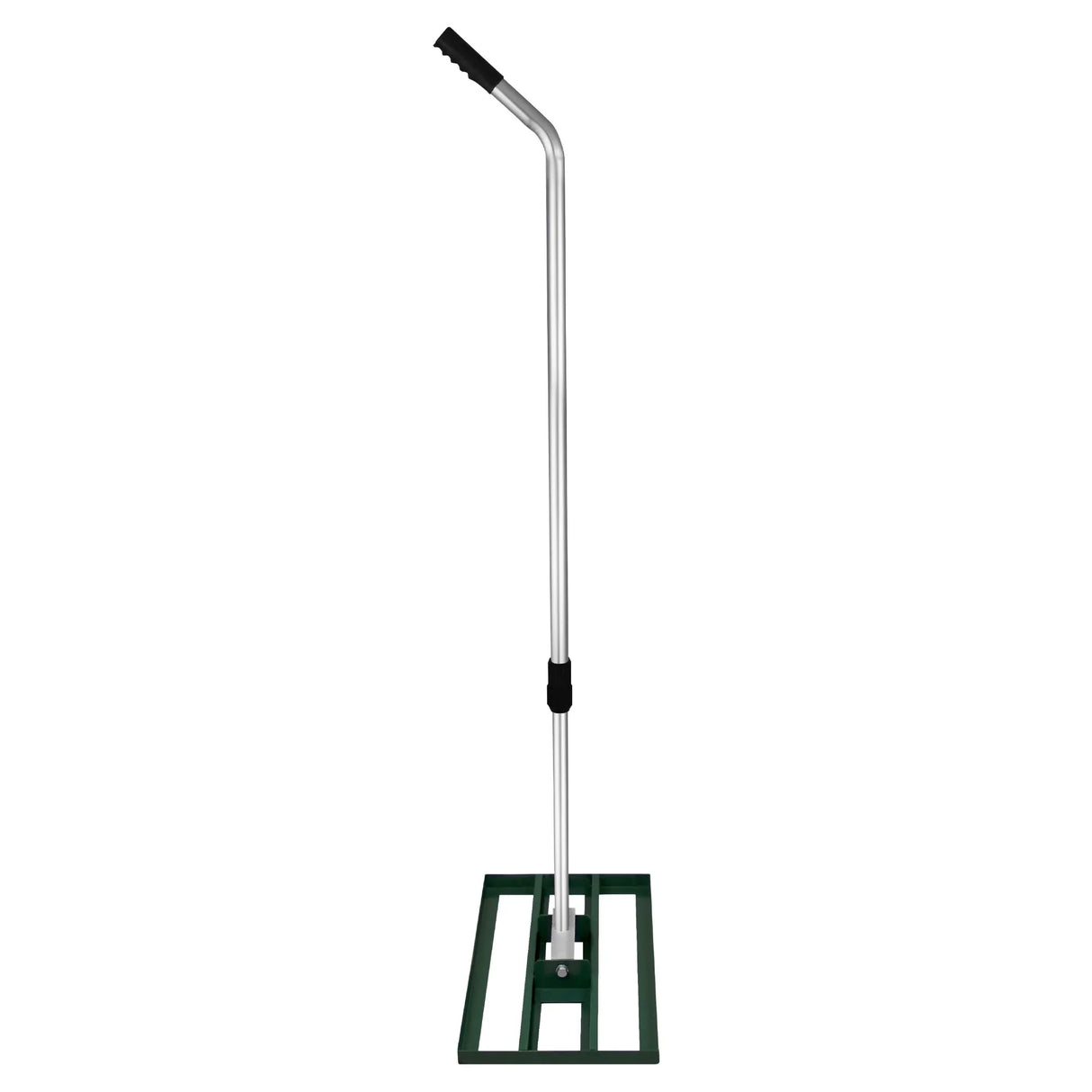 Green rotary spreader with a sturdy metal handle and a flat, rectangular base for even lawn leveling and spreading