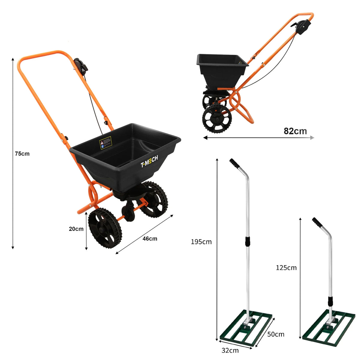 Rotary spreader with black hopper, orange frame, and large wheels, alongside a 50cm green lawn leveller for even ground preparation