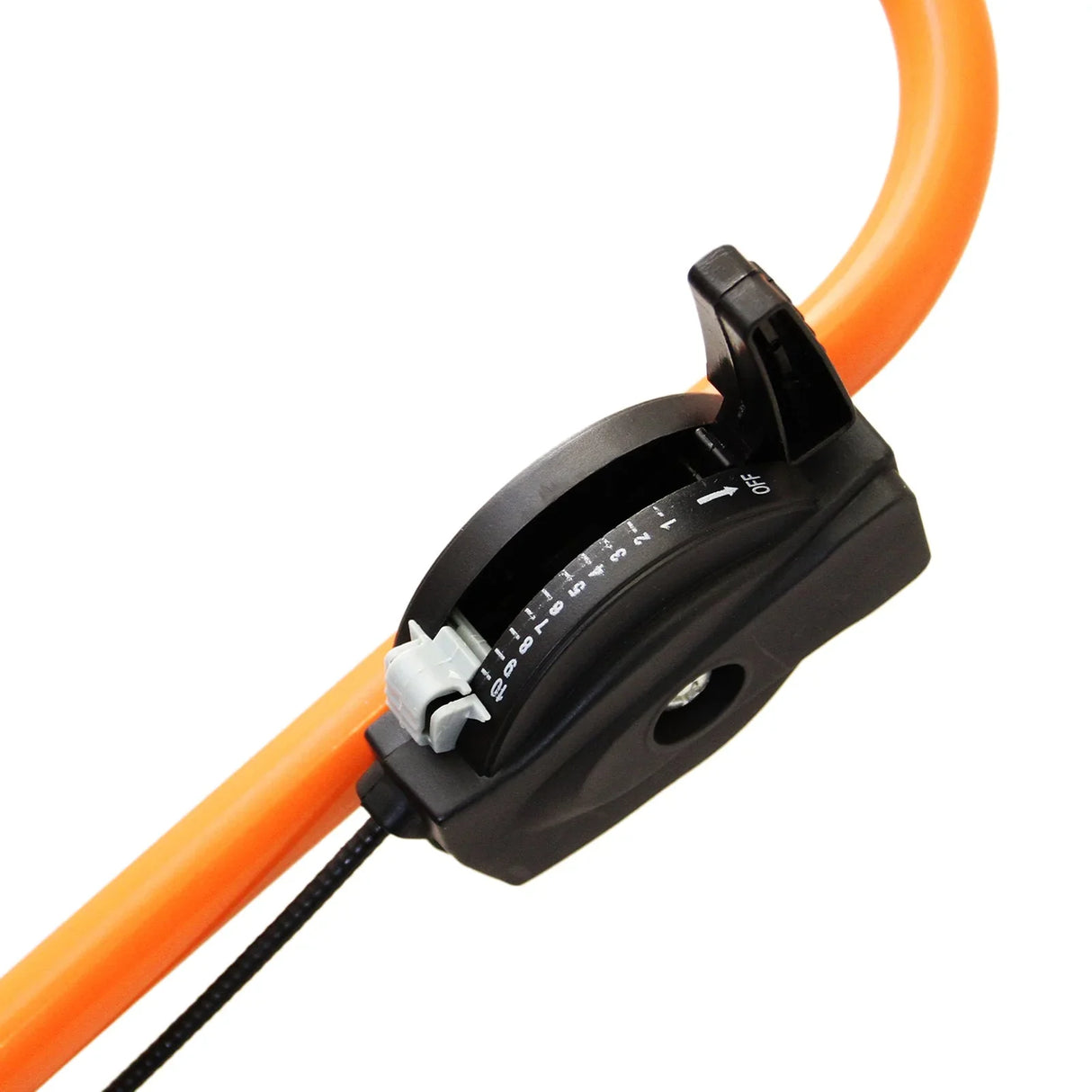 Rotary spreader with a black adjustable dial, orange handle, and sturdy design for precise lawn leveling and spreading tasks