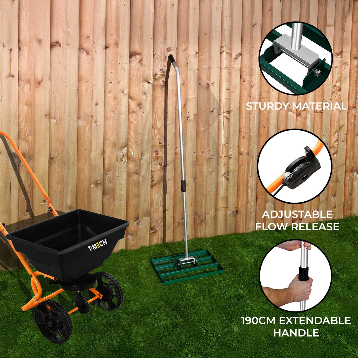 Green rotary spreader and 50cm lawn leveller with sturdy construction, adjustable flow release, and 190cm extendable handle against a wooden fence