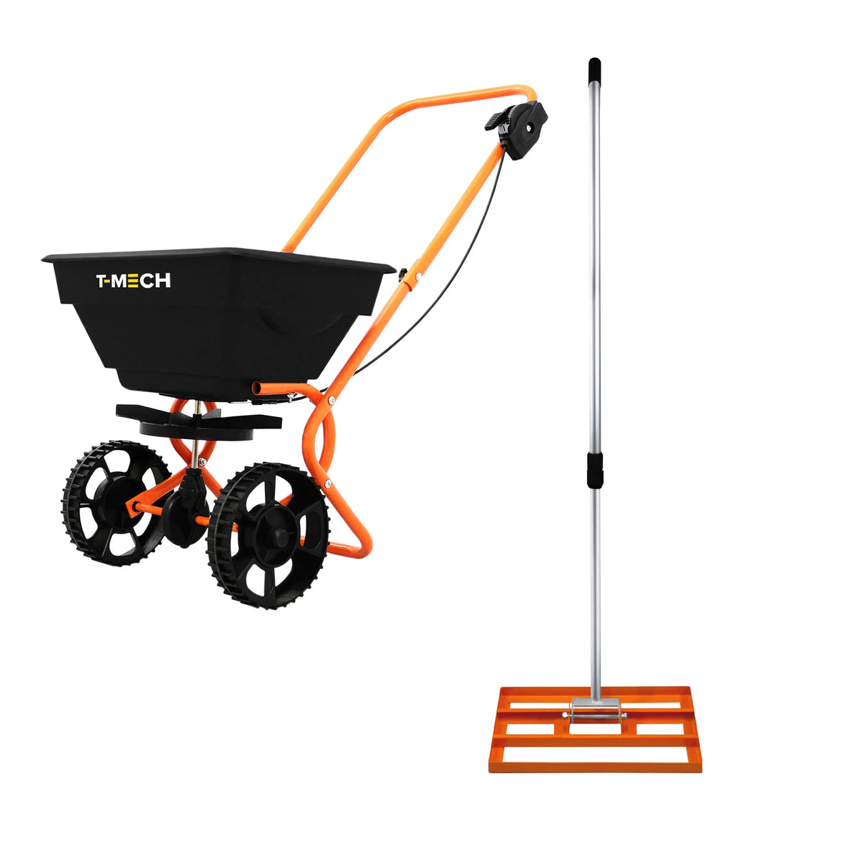 Rotary spreader with a black hopper and orange frame, paired with a 50cm lawn leveller, featuring sturdy wheels for easy maneuvering