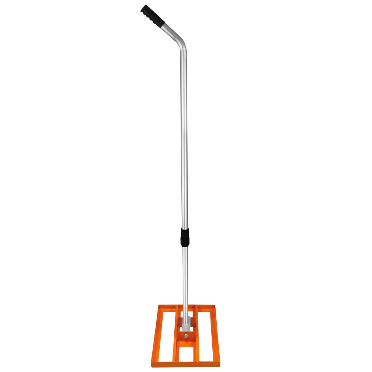 Rotary spreader with a sturdy orange base and a long, curved metal handle, designed for even lawn leveling and spreading