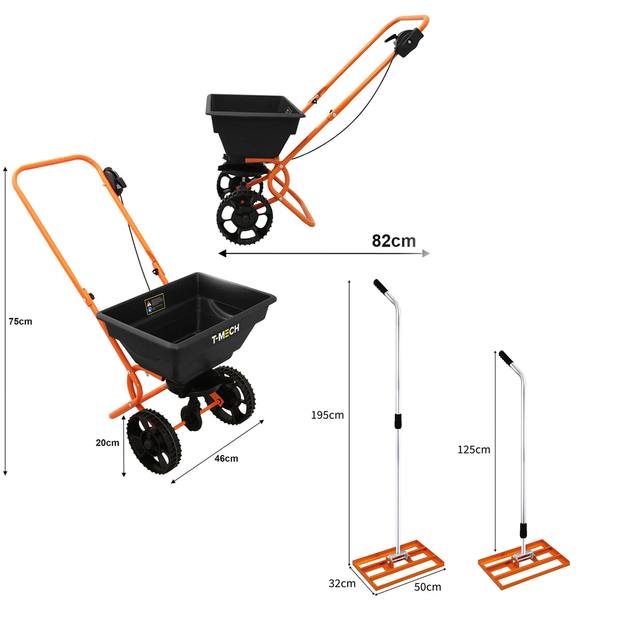 Rotary spreader with a black hopper and orange frame, paired with a 50cm lawn leveller, designed for efficient lawn care