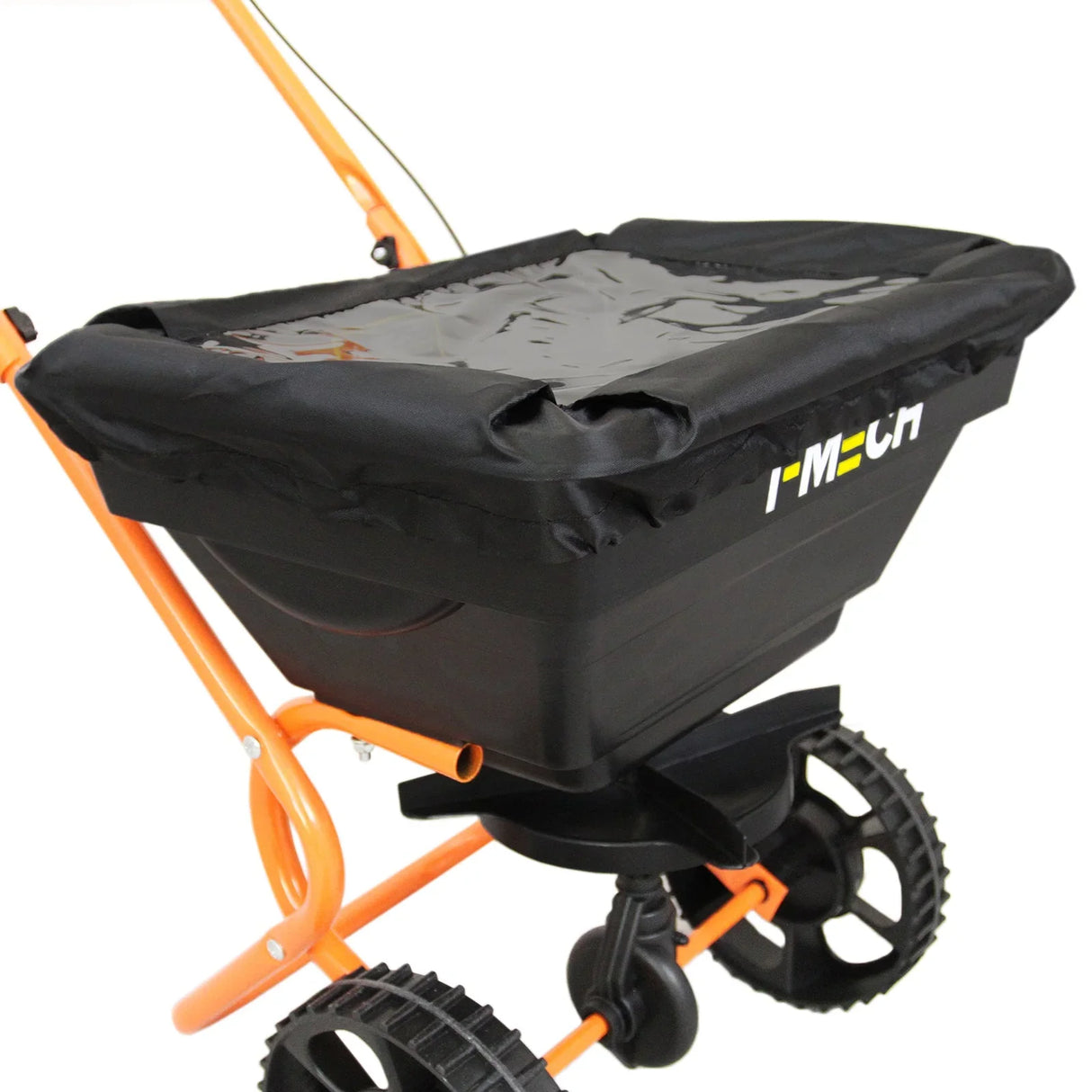 Rotary spreader with a black hopper and orange frame, featuring a sturdy handle and durable wheels for easy lawn leveling and spreading