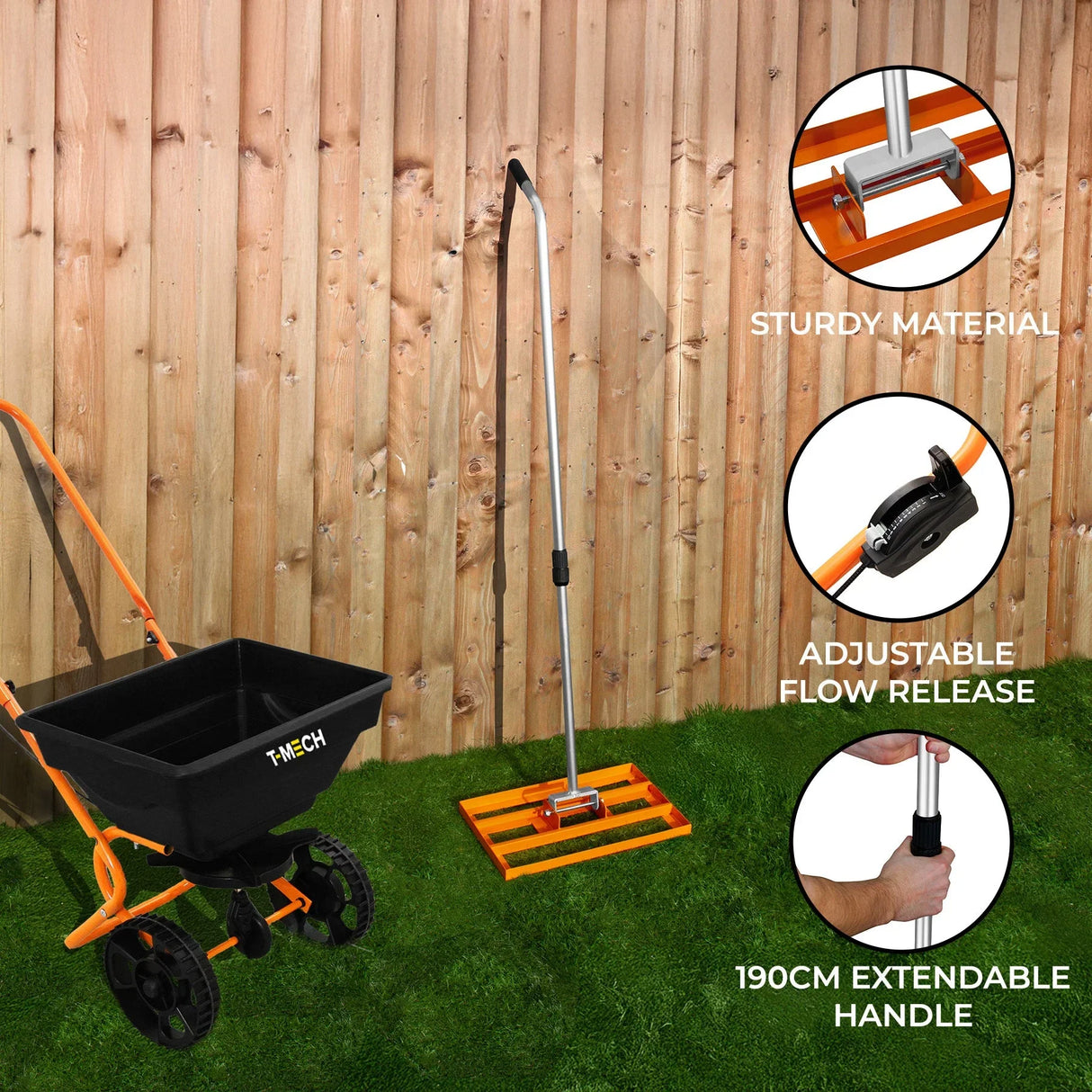 Rotary spreader with a sturdy black hopper, orange accents, and a 190cm extendable handle, set against a wooden fence and grass background