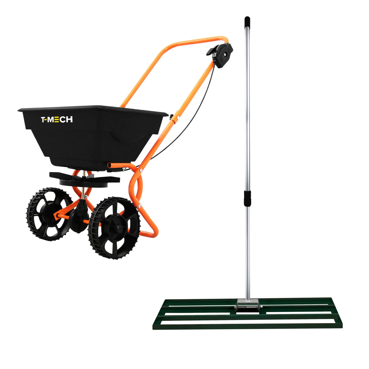 Rotary spreader with black hopper, orange handle, and sturdy wheels alongside a green 100cm lawn leveller for even soil distribution