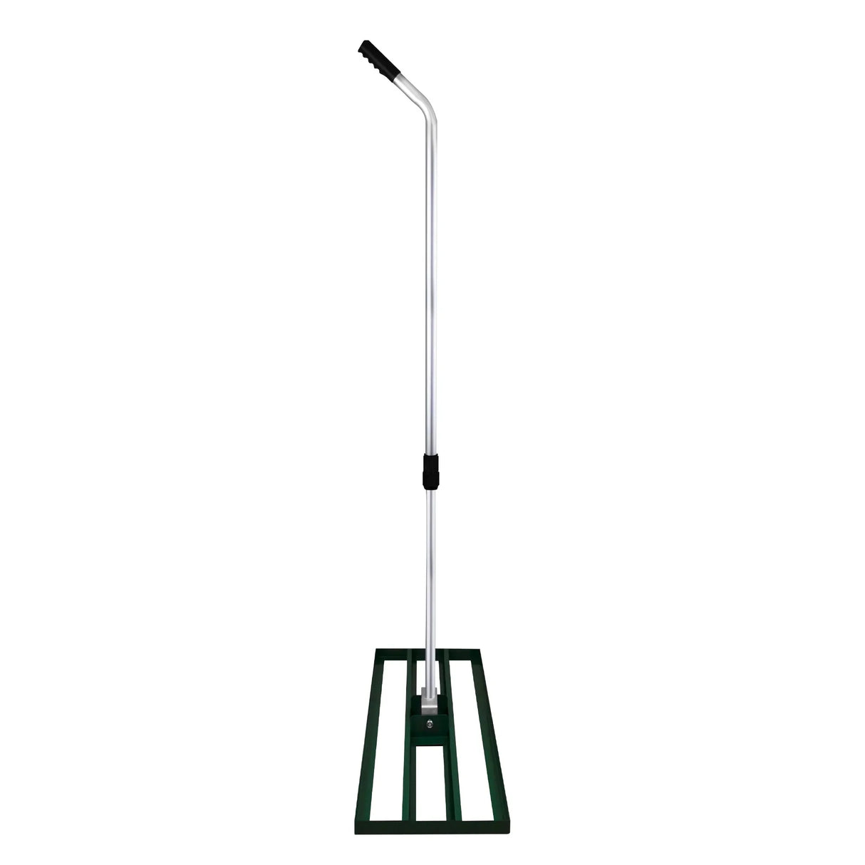 Green rotary spreader with a sturdy metal handle and a wide leveling base, designed for even lawn care and maintenance