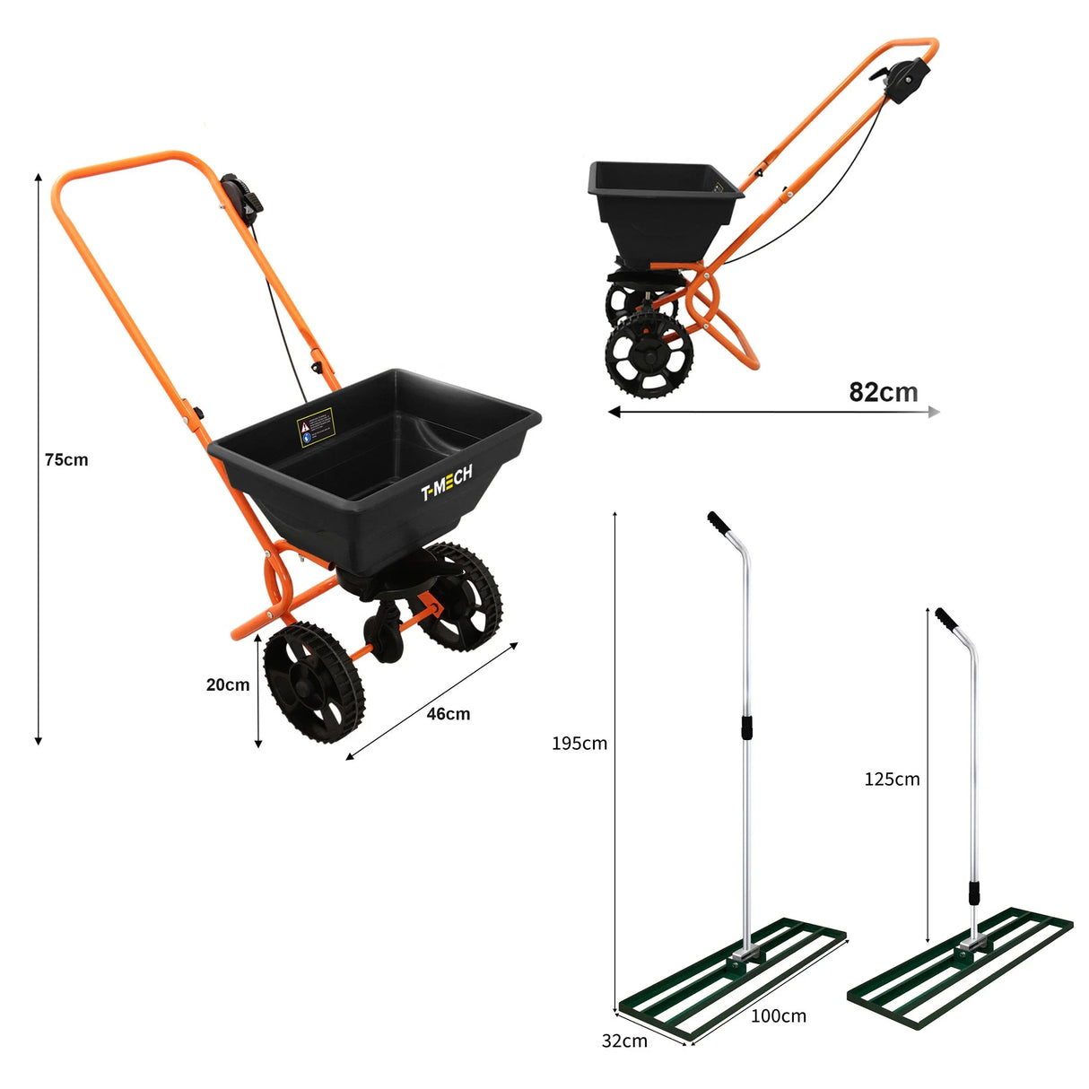 Rotary spreader with a black hopper and orange frame, accompanied by a 100cm lawn leveller, ideal for even soil distribution