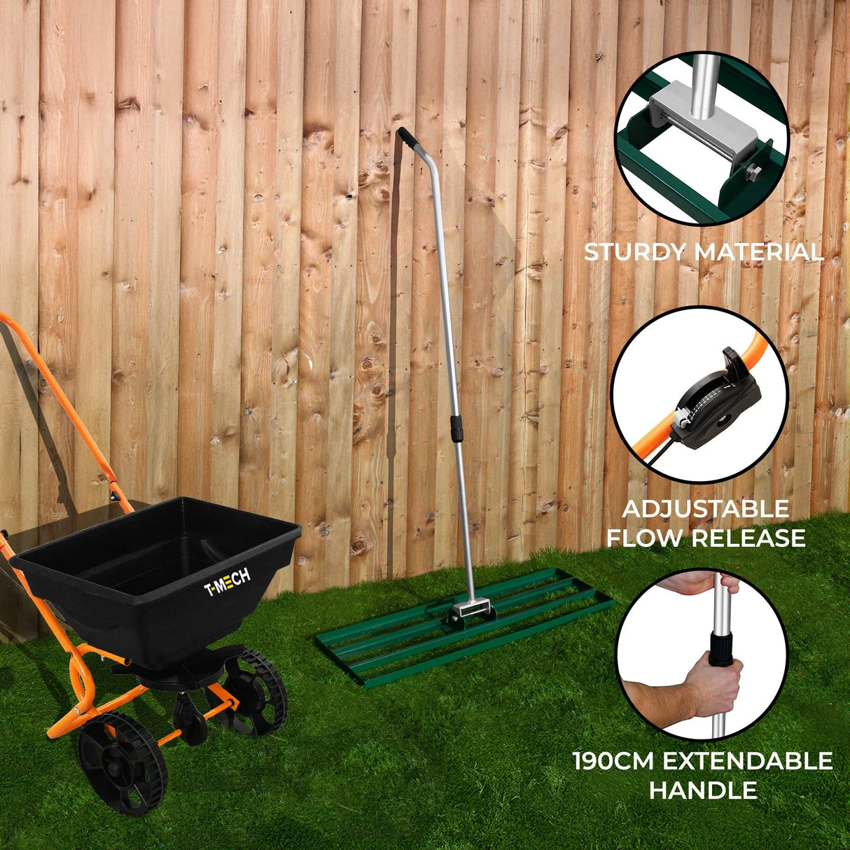 Green rotary spreader with sturdy material, adjustable flow release, and 190cm extendable handle beside a lawn leveller on grass