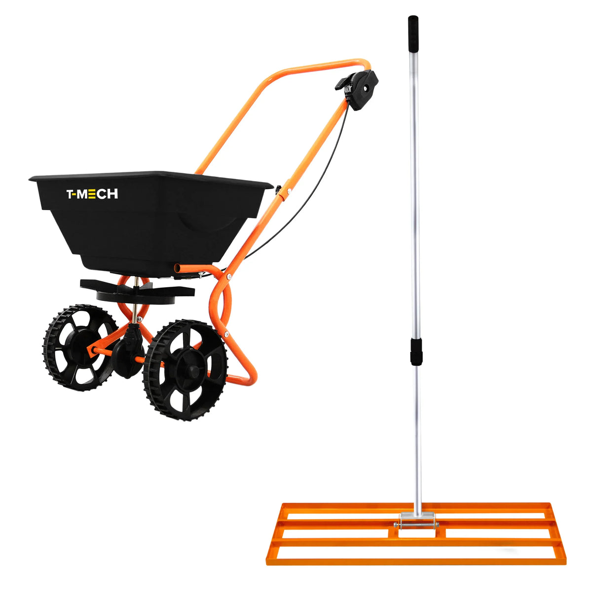 Rotary spreader with black hopper and orange frame, paired with a 100cm lawn leveller featuring a sturdy metal handle and grid design