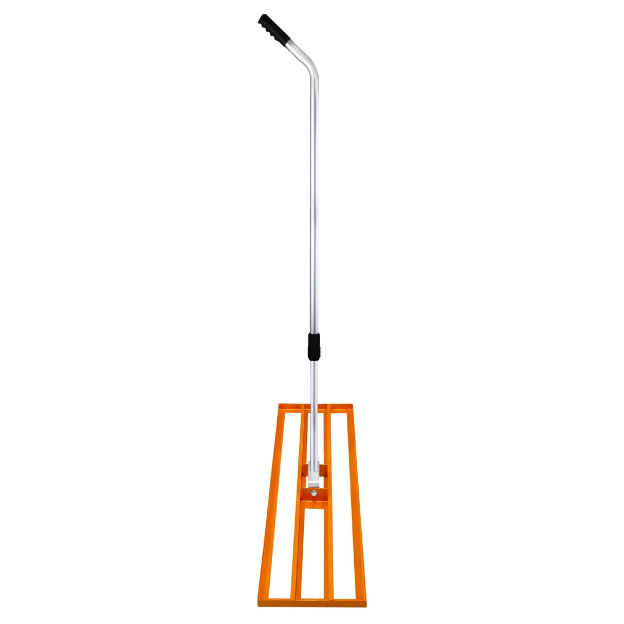 Rotary spreader with a sturdy orange frame and a long silver handle, designed for even lawn leveling and spreading materials