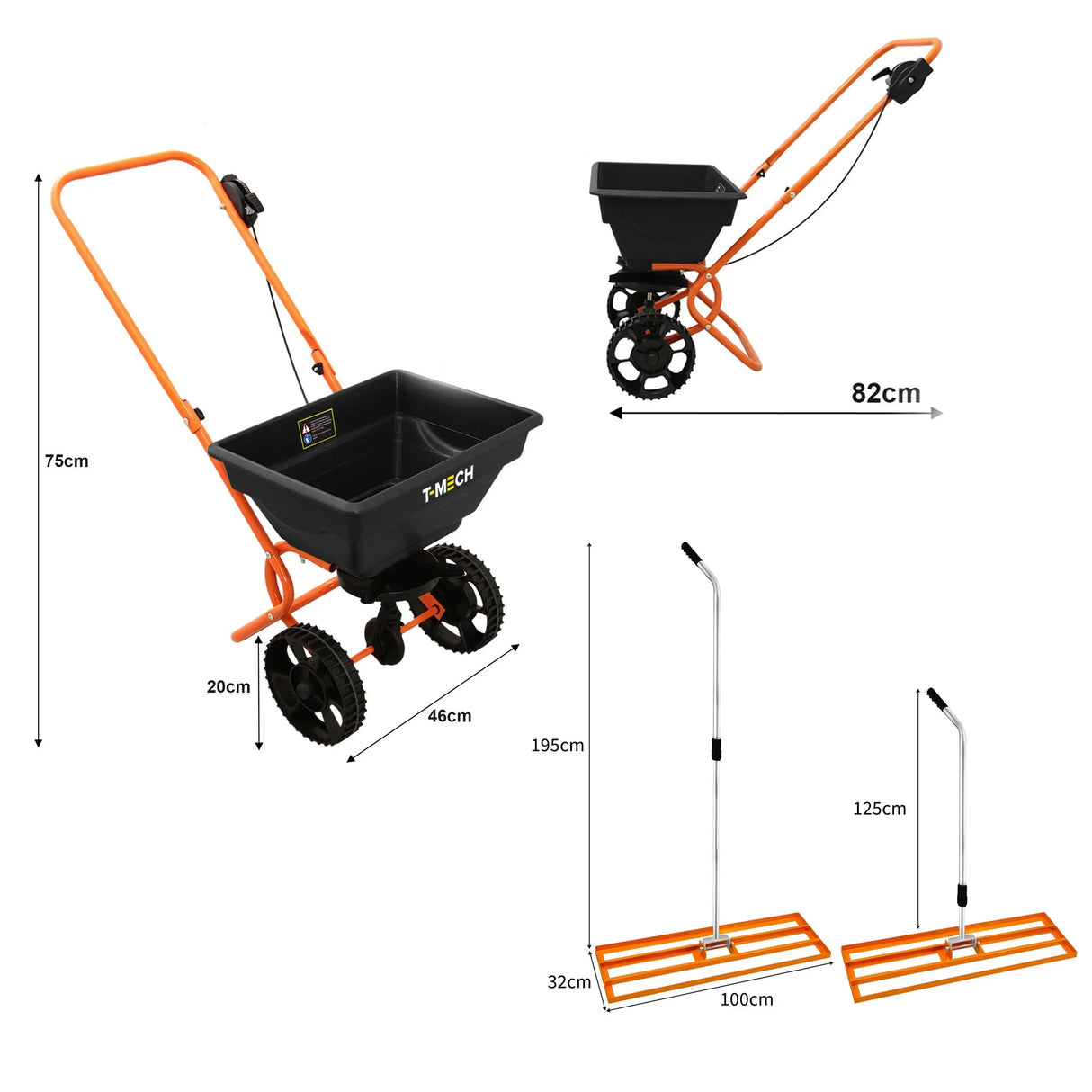 Rotary spreader and 100cm lawn leveller in vibrant orange, featuring a sturdy black hopper, large wheels, and adjustable handle for easy maneuvering