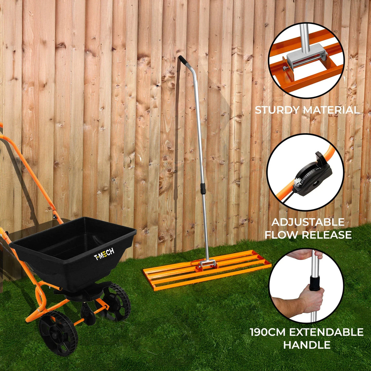 Rotary spreader and 100cm lawn leveller in orange, featuring a sturdy design, adjustable flow release, and extendable handle