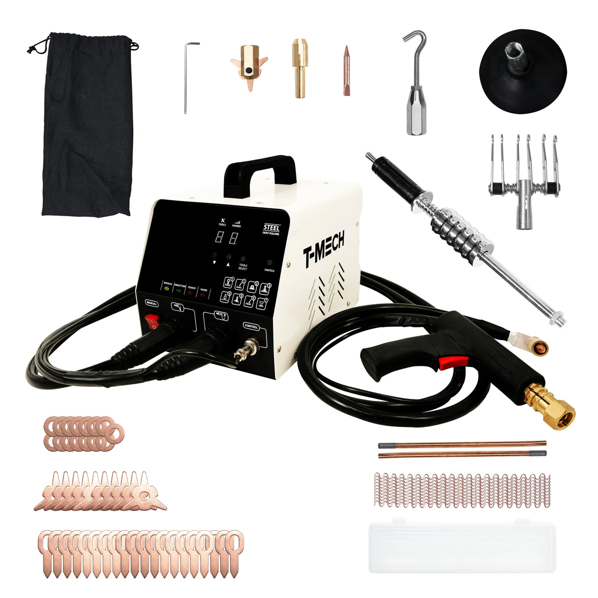 Dent puller machine with a sleek white body, digital display, various attachments, and a sturdy handle, ideal for auto body repairs