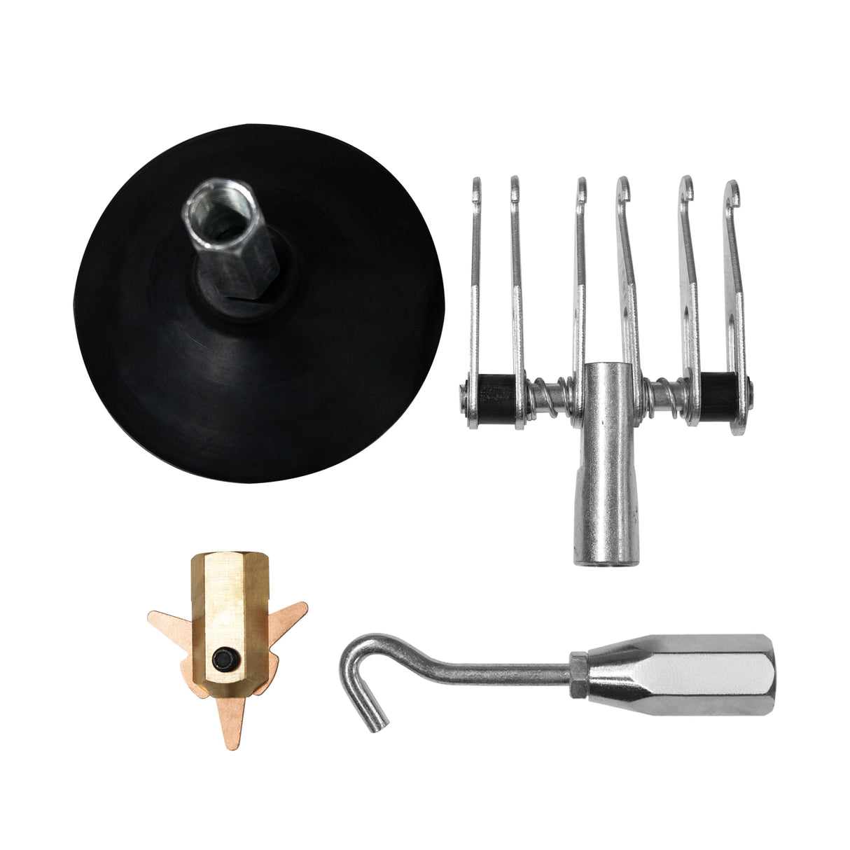 Dent puller machine components including a black rubber suction cup, metal pulling bridge, and various attachments for effective dent repair