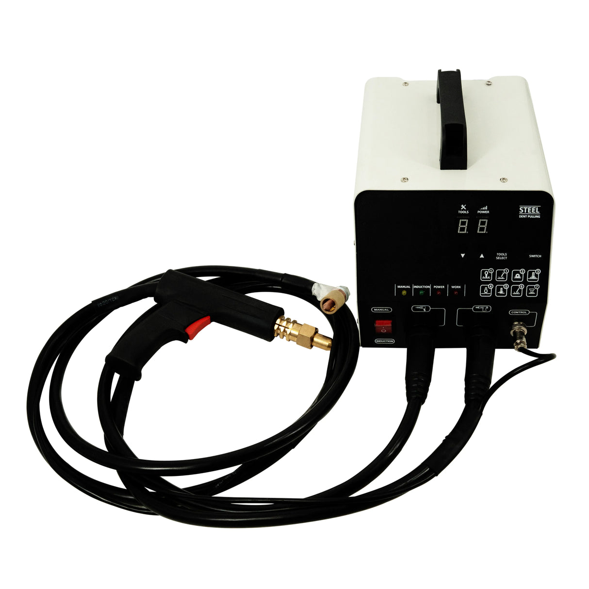 Dent puller machine with a sleek black and white design, featuring a handle, control panel, and attached cables for easy use