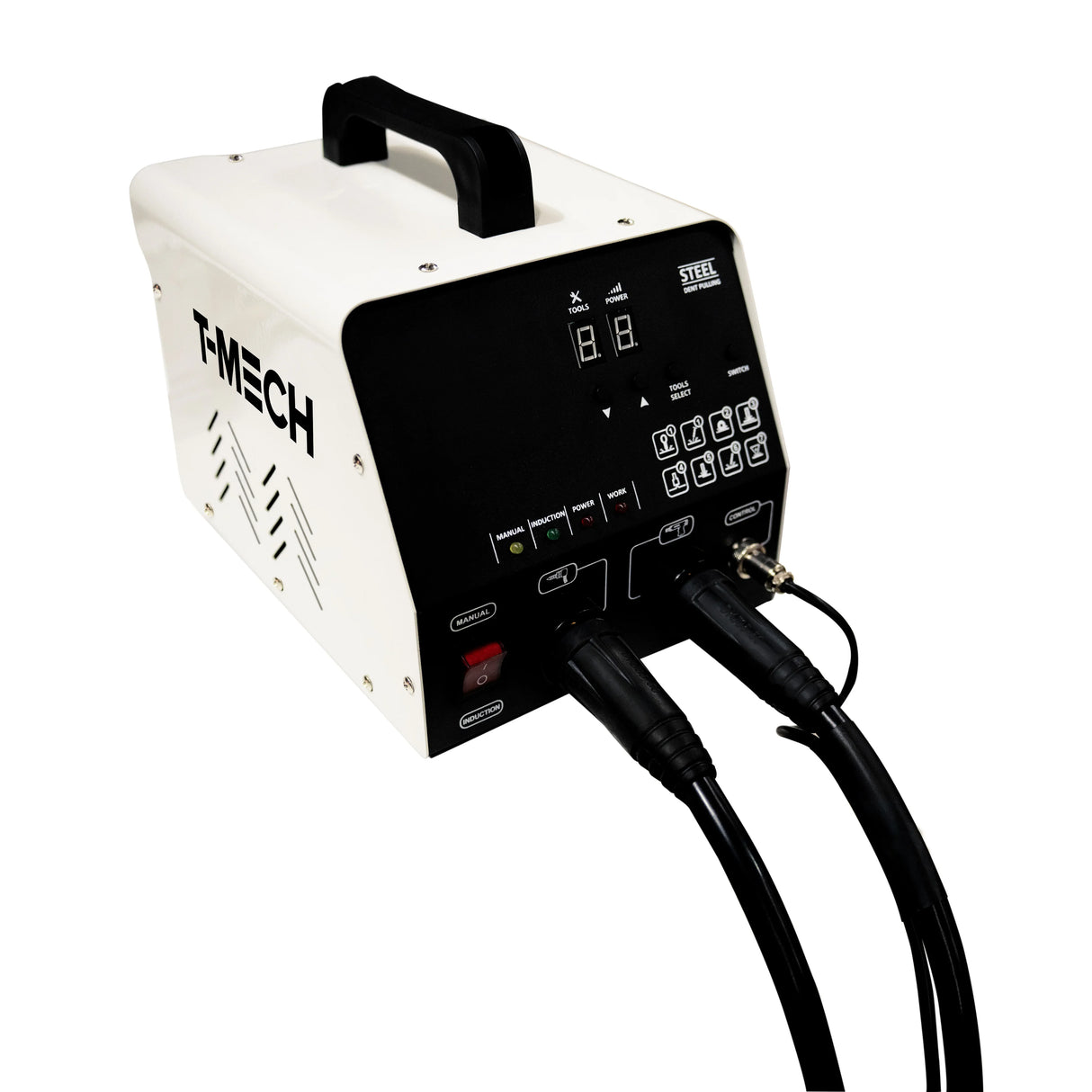 Dent puller machine with a sleek white casing, control panel featuring digital displays, and dual cables for easy operation
