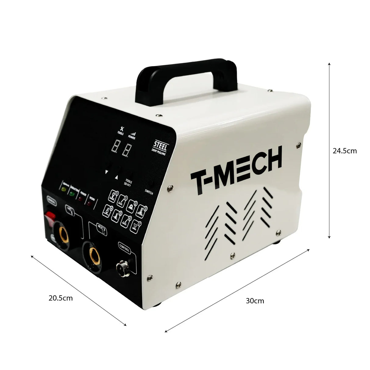 T-MECH dent puller machine in white and black, featuring control panel, handle, and ventilation slots, dimensions 30x20.5x24.5 cm
