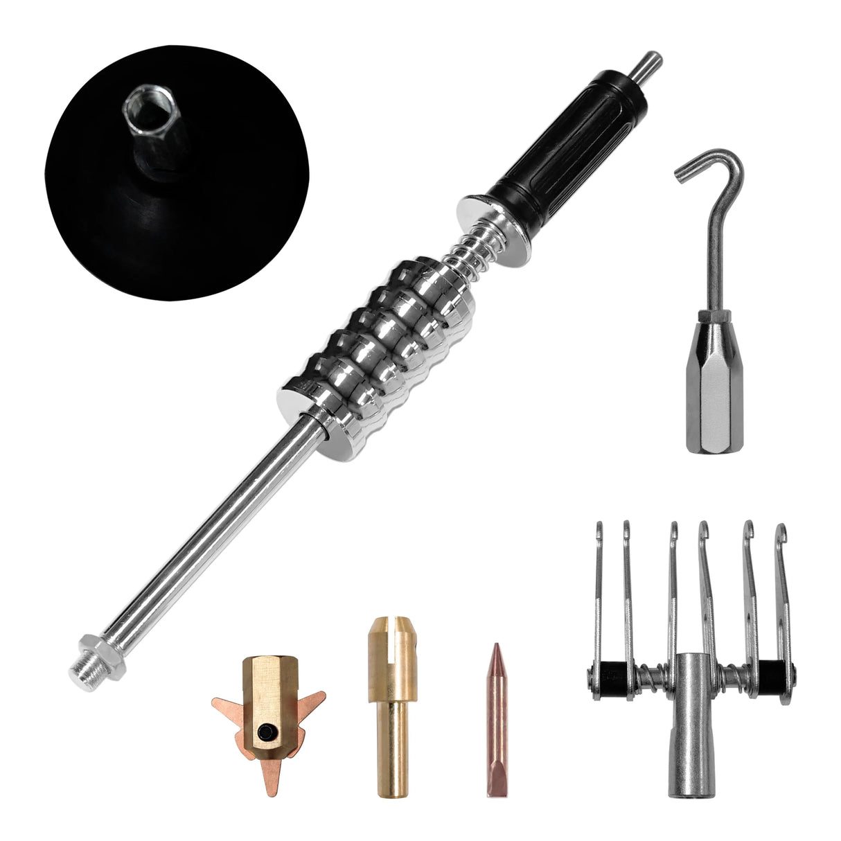 Dent puller machine with a metallic handle, suction cup, and various attachments for auto body repair, featuring a sleek design and durable materials