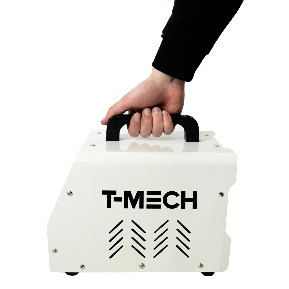Compact T-MECH dent puller machine with a sturdy black handle, featuring a sleek white body and ventilation slots for efficient cooling