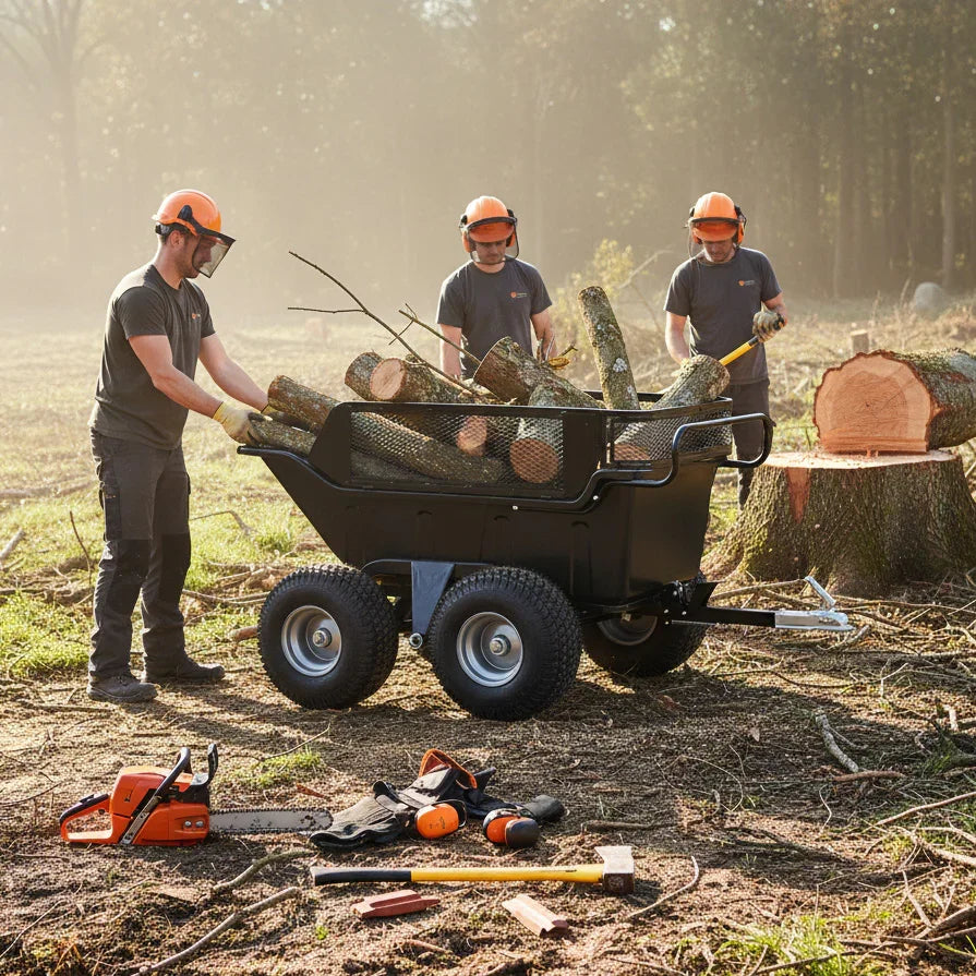 Tipping trailer with four wheels, loaded with logs, used by workers in safety gear in a forest clearing, showcasing durability and functionality