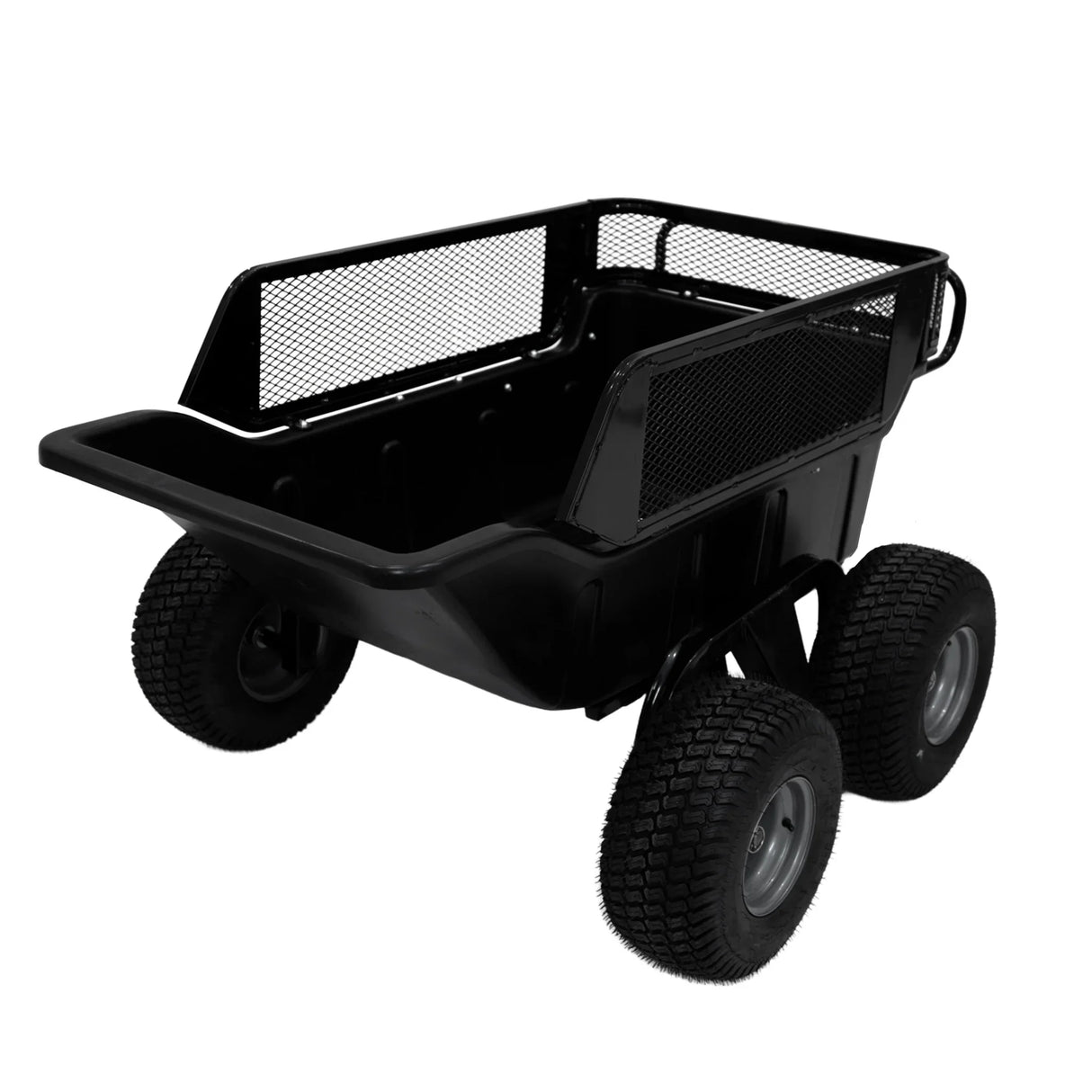 Black tipping trailer with four rugged wheels, mesh sides for ventilation, and a sturdy plastic body designed for heavy loads