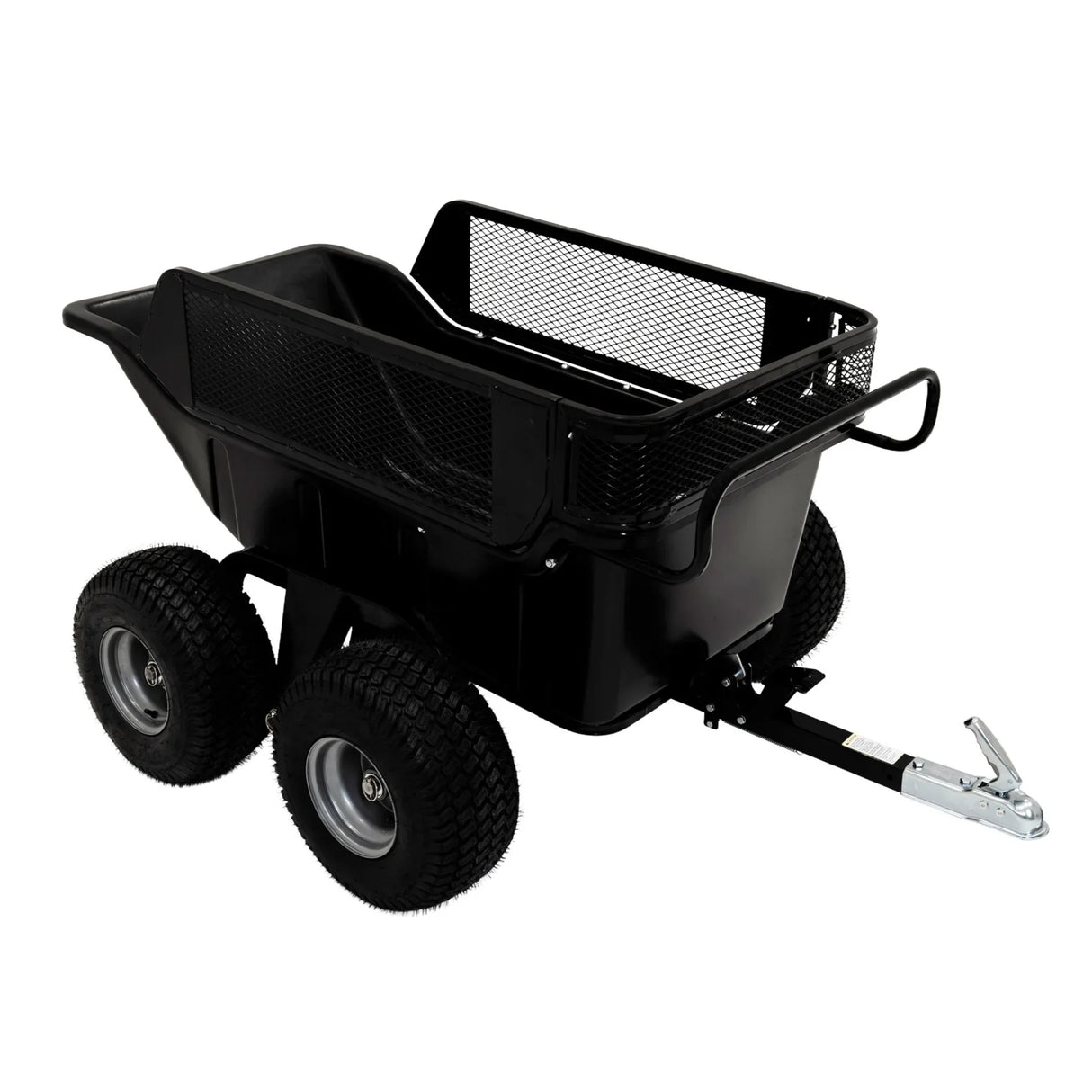 Heavy-duty black tipping trailer with a mesh side, four sturdy wheels, and a hitch for easy towing, ideal for gardening and landscaping tasks