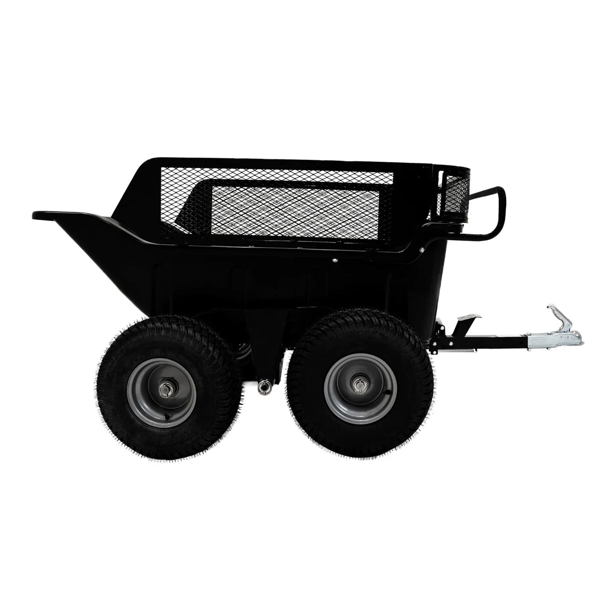 Tipping trailer with a sturdy black metal body, mesh sides, and four durable wheels, ideal for transporting heavy loads easily
