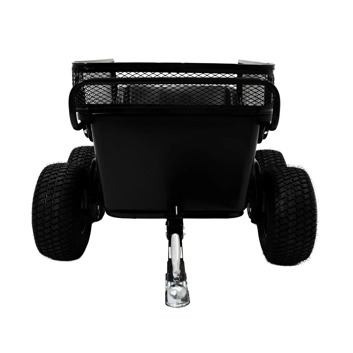 Black 4-wheel tipping trailer with a sturdy mesh sides, large rubber tires, and a durable metal frame, ideal for hauling materials