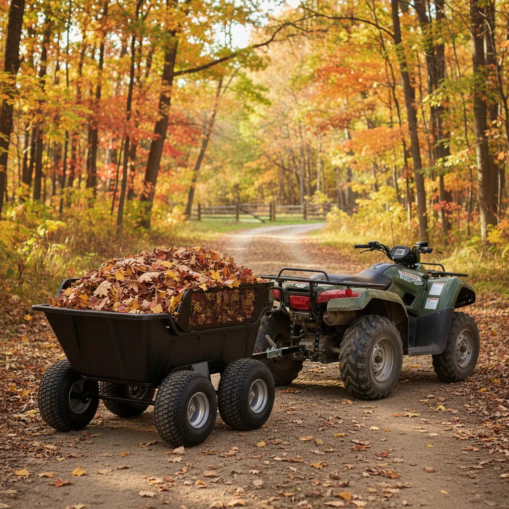 Tipping trailer with four wheels, filled with colorful autumn leaves, attached to an ATV on a scenic forest path