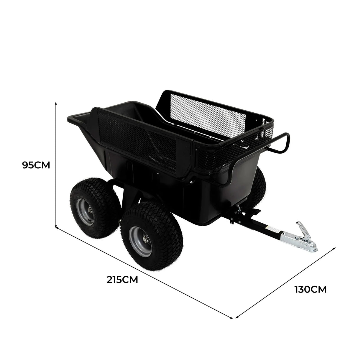 4-wheel tipping trailer with a black plastic body, mesh sides, and durable rubber tires, measuring 215cm x 130cm x 95cm
