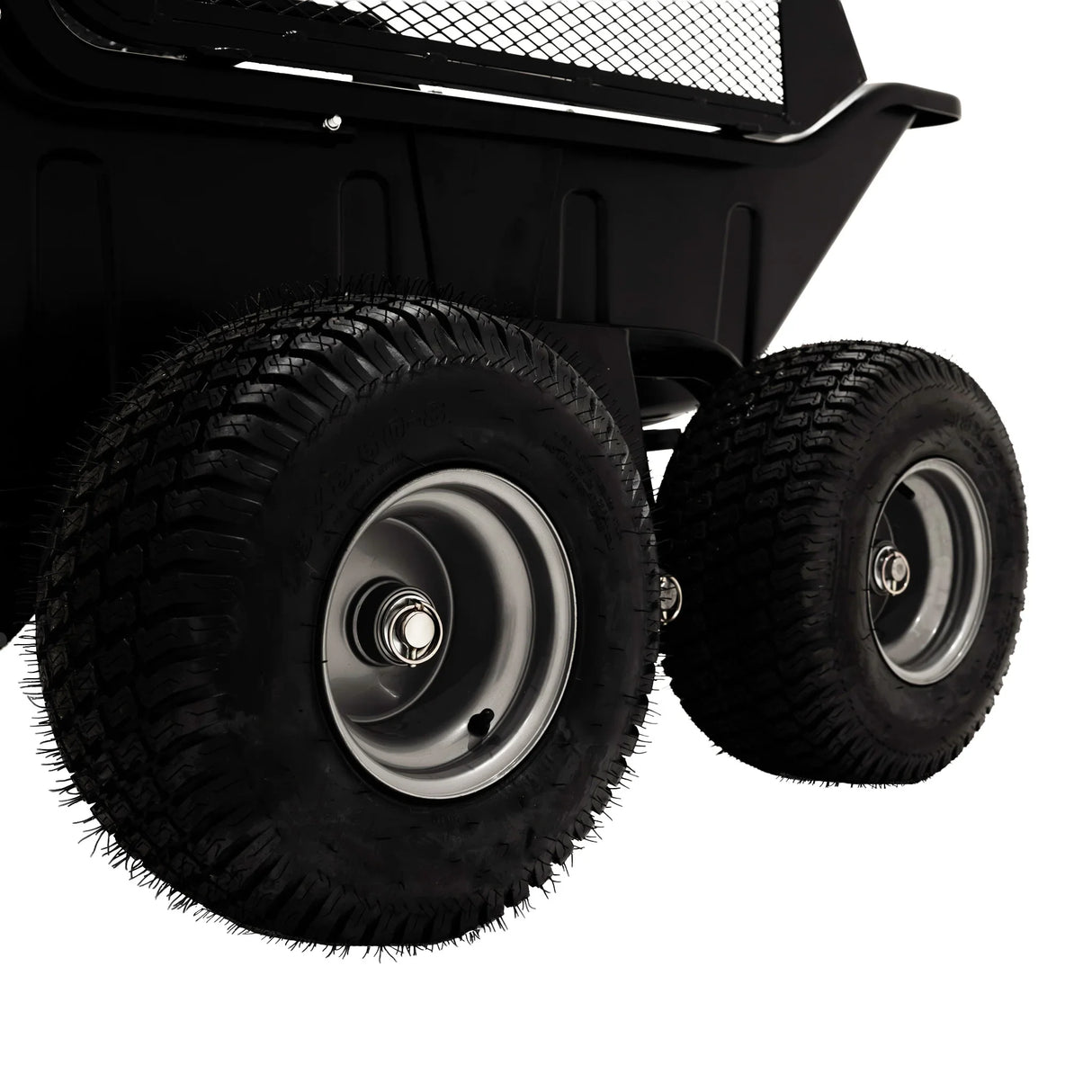 Four-wheel tipping trailer featuring robust black body, textured tires, and durable metal frame for heavy-duty use