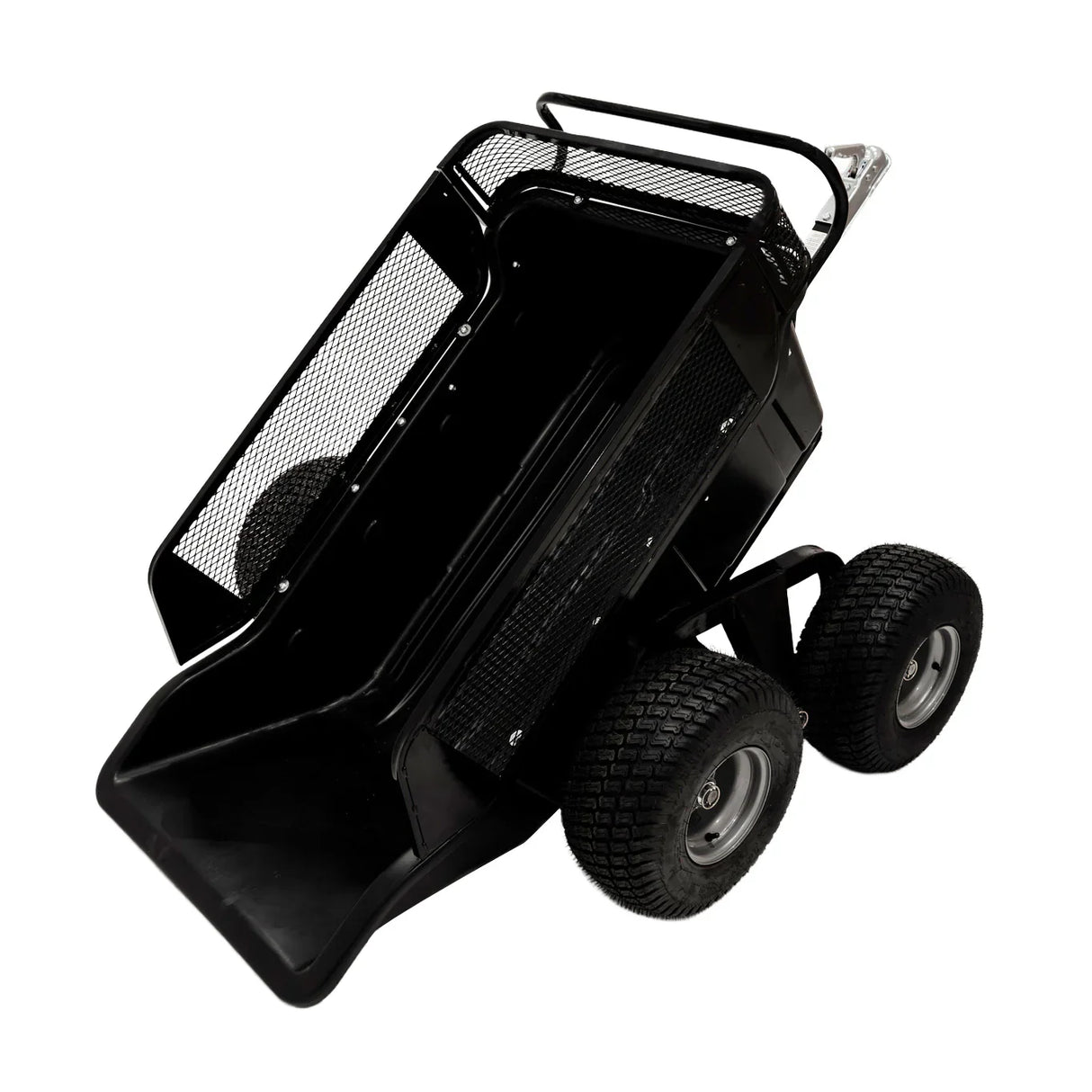 Black 4-wheel tipping trailer with a sturdy metal frame, mesh sides, and large rubber tires for easy maneuverability and durability
