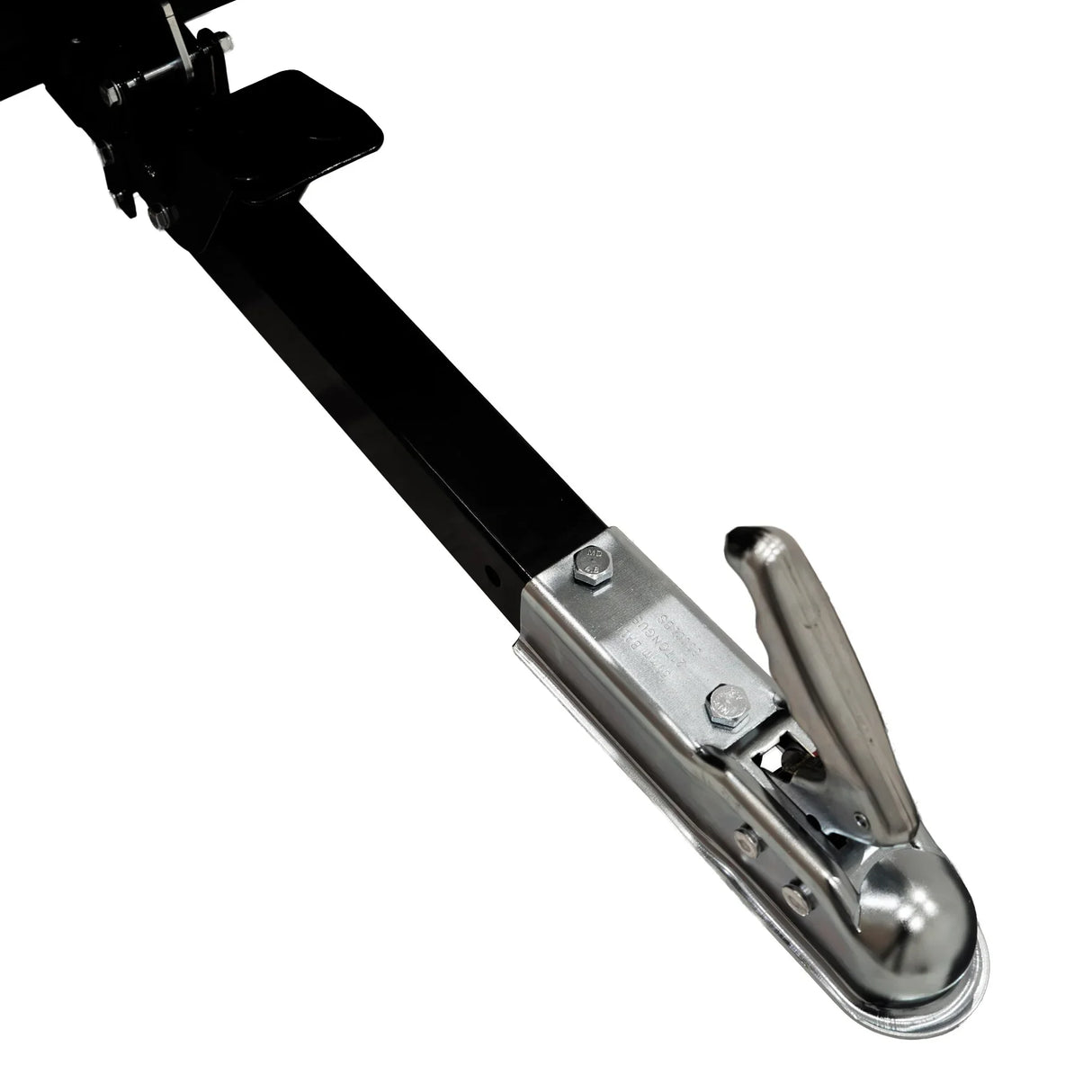 Tipping trailer hitch with a sturdy black metal frame and shiny silver coupler, designed for secure towing and easy attachment