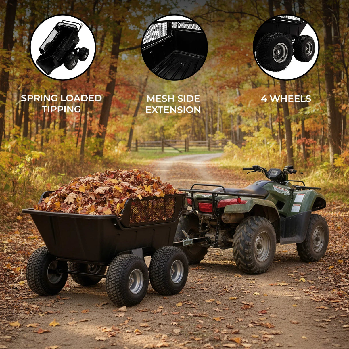 Tipping trailer with four wheels, featuring a black mesh side extension, loaded with colorful autumn leaves on a dirt path