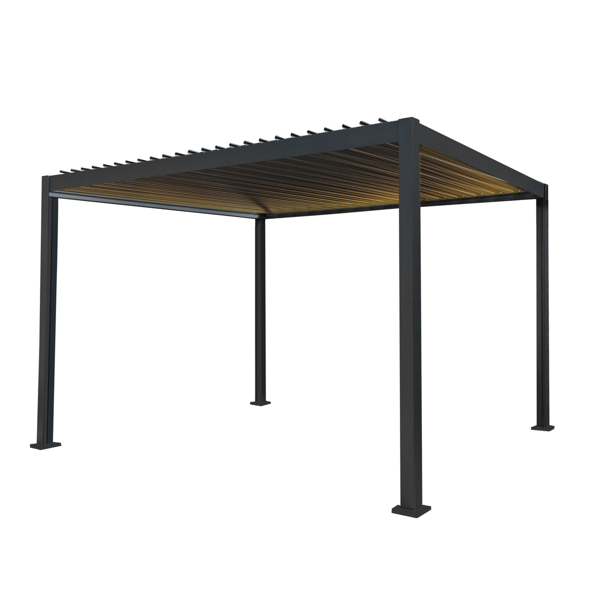 Anthracite aluminum pergola measuring 3m x 4m, featuring sleek lines, a modern design, and integrated LED lights for outdoor ambiance