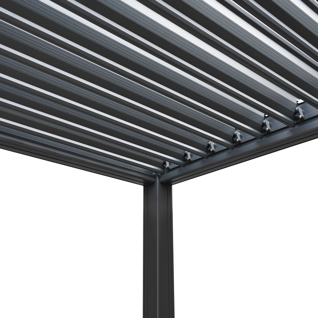Anthracite aluminium pergola showcasing sleek lines, integrated LED lights, and a sturdy frame, ideal for outdoor spaces