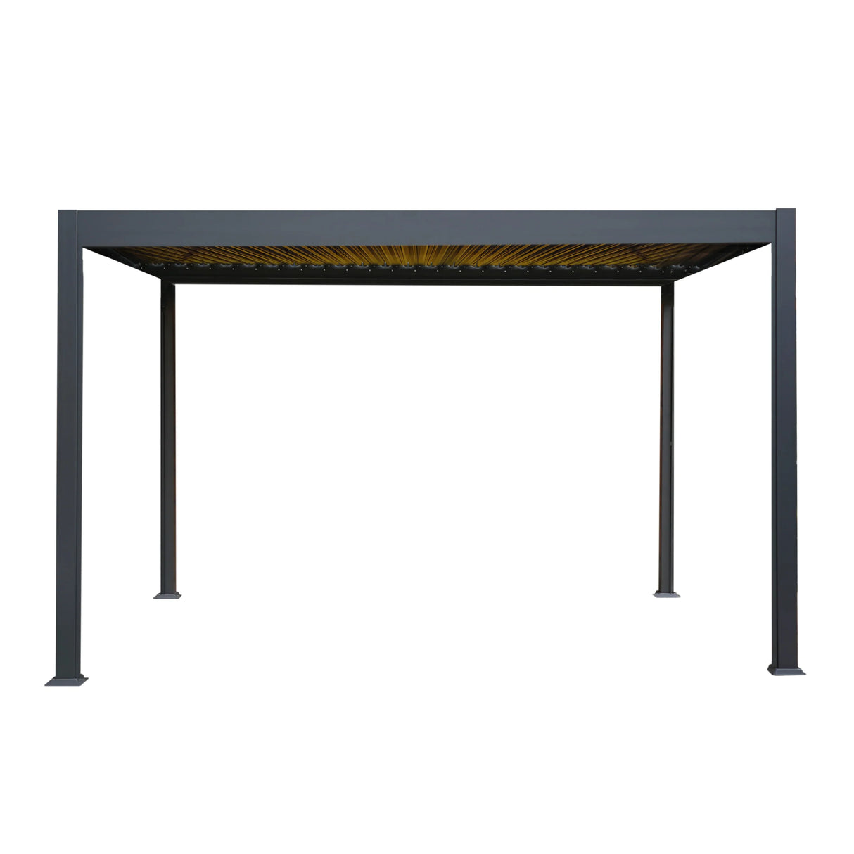 Anthracite aluminum pergola measuring 3m x 4m, featuring a sleek design and integrated LED lights for outdoor ambiance