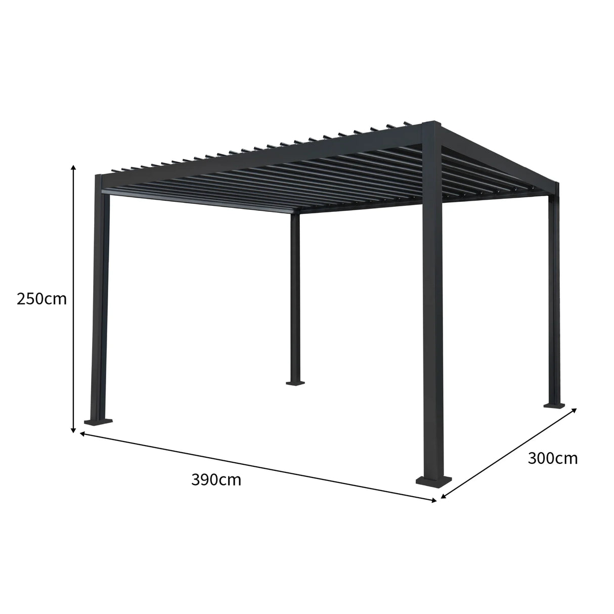Anthracite aluminum pergola measuring 3m x 4m with sleek lines, adjustable slats, and integrated LED lights for outdoor ambiance