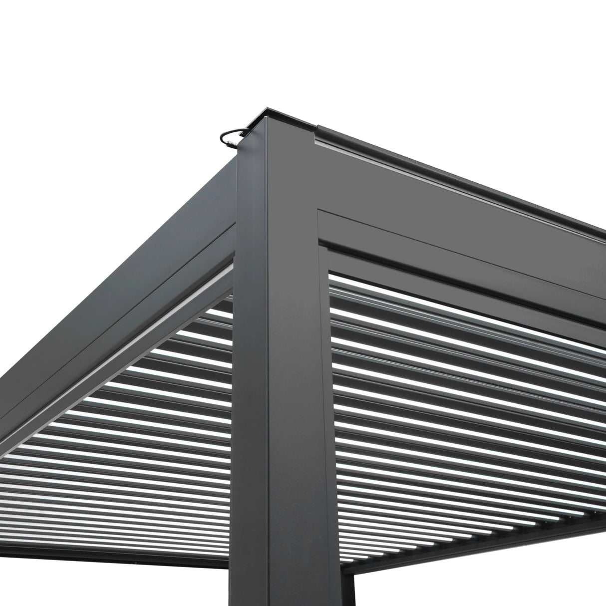 Anthracite aluminum pergola with LED lights, featuring a sleek, modern design and horizontal slats for adjustable shade and style