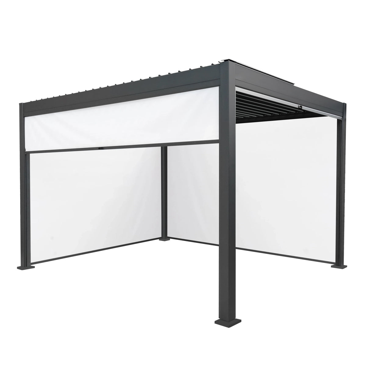 Anthracite aluminum pergola with white blinds, featuring a modern design, sleek lines, and spacious 3m x 4m dimensions
