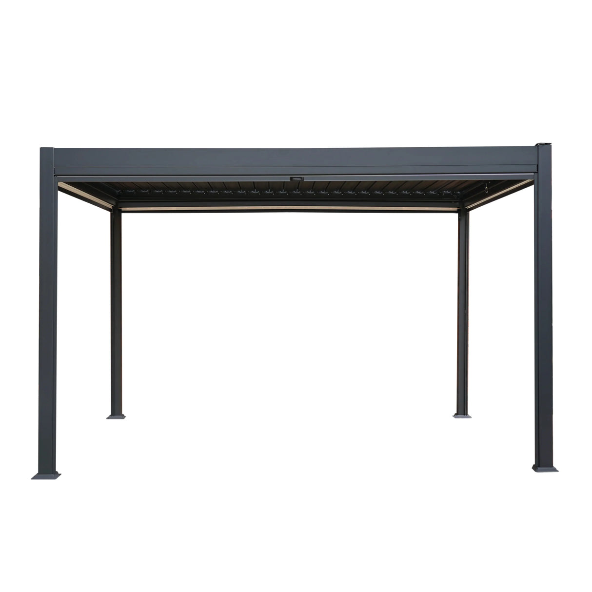 Anthracite aluminum pergola with a sleek design, featuring a sturdy frame and adjustable white blinds, measuring 3m x 4m
