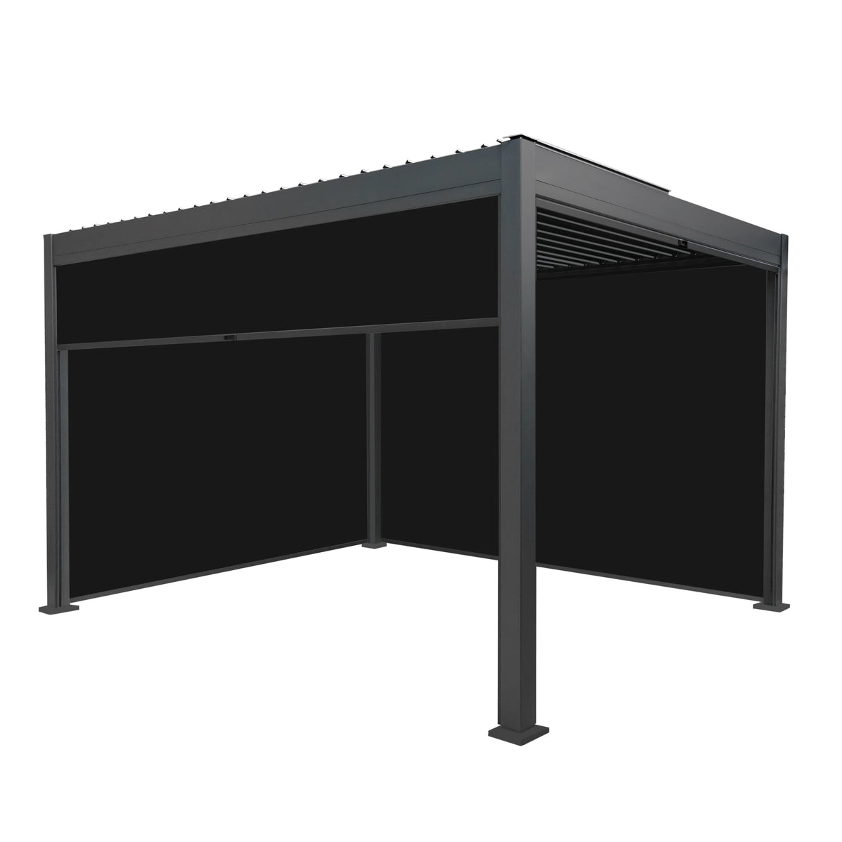 Aluminium pergola with anthracite blinds, featuring a sleek, modern design and sturdy construction, ideal for outdoor spaces