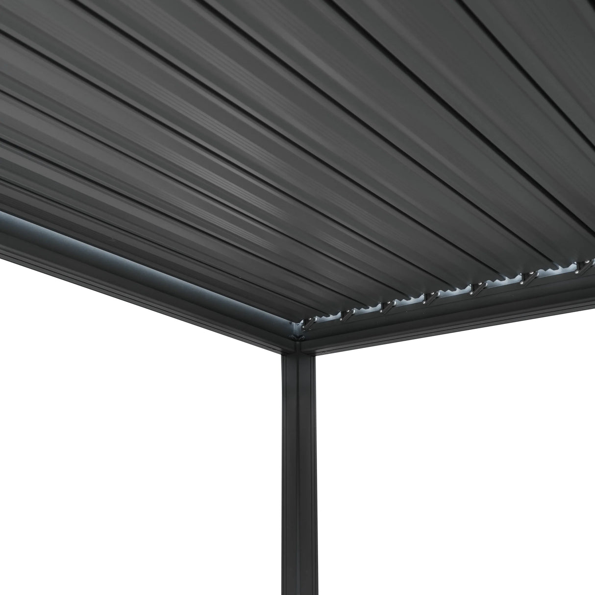 Aluminium pergola with anthracite blinds, featuring a sleek, modern design and durable materials, ideal for outdoor spaces