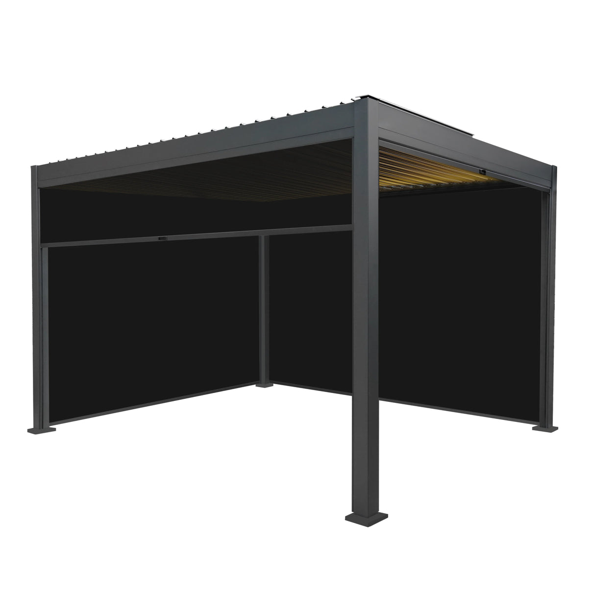 Aluminium pergola in anthracite with sleek blinds and integrated LED lights, measuring 3m x 4m, perfect for outdoor spaces