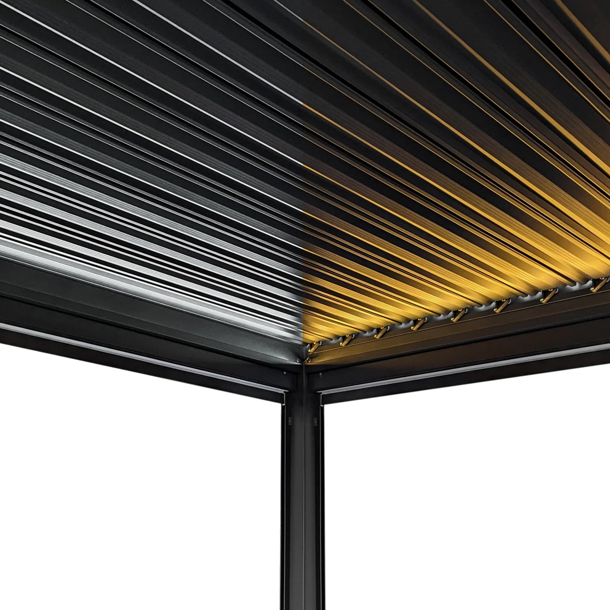 Aluminium pergola featuring sleek anthracite blinds and integrated LED lights, showcasing a modern design and durable finish