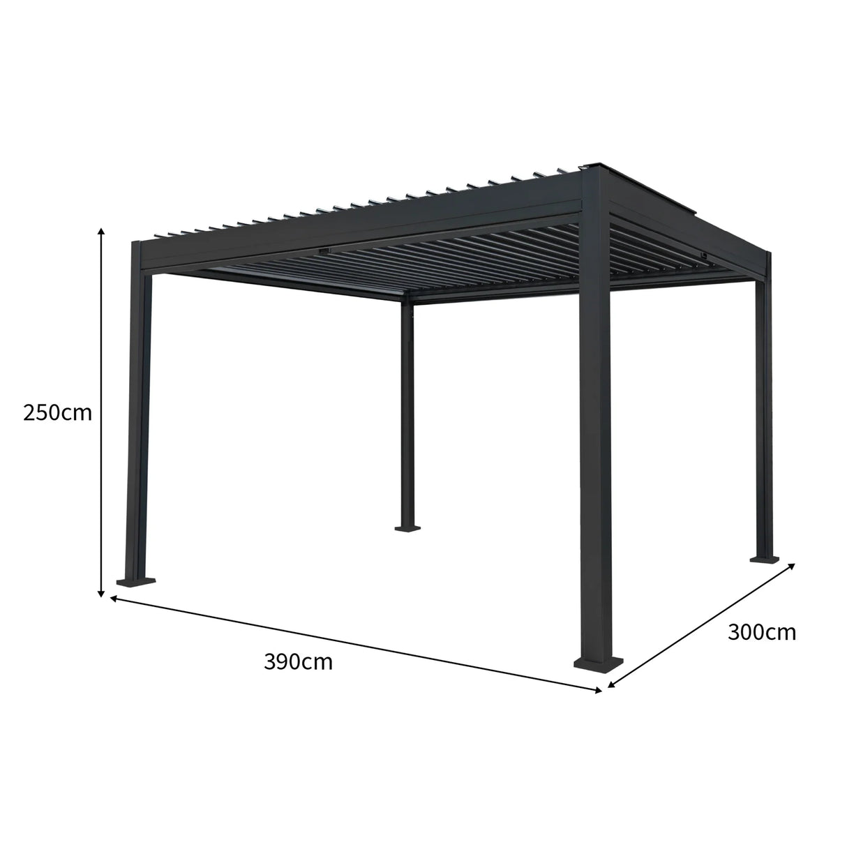 Aluminium pergola in anthracite with adjustable blinds and integrated LED lights, measuring 3m x 4m, ideal for outdoor spaces