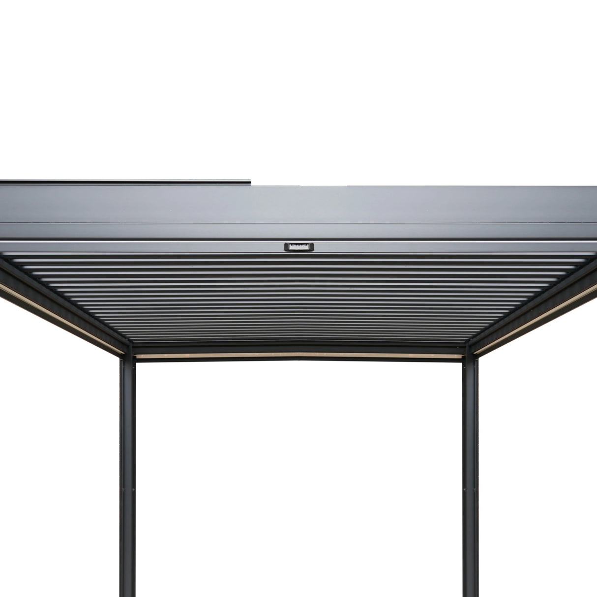 Aluminium pergola with anthracite blinds and integrated LED lights, featuring a sleek, modern design and durable finish